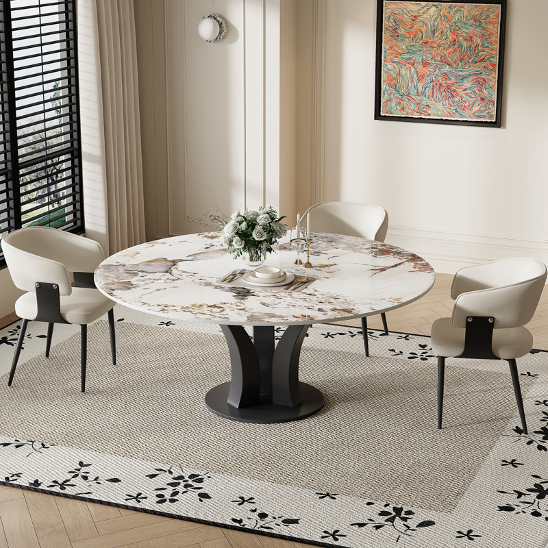 59.06'' Modern Round Dining Table, White Glossy Sintered Stone Tabletop, Black Stainless Steel Legs for 6-8 Person