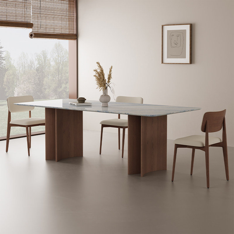 Table de salle à manger avec plateau en pierre de luxe moderne et pieds en chêne, H 29,53 po x l 62,99 po x P 31,5 po