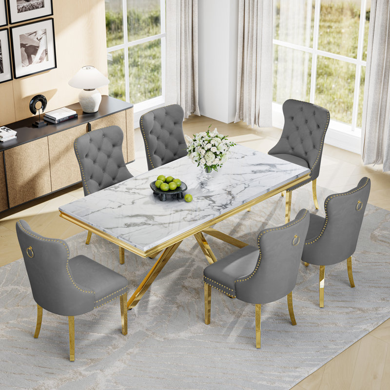 7-Piece Modern Dining Table Set, 70" Rectangular Marble-Inspired Table with 6 Velvet Upholstered Nailhead Trim Dining Chairs