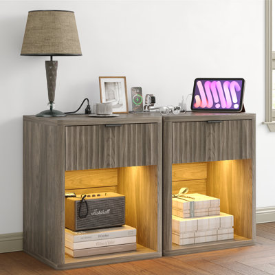 Night Stand Set Of 2, Nightstands With Drawer Storage Fluted, Bedside Table With Power Outlet, Wood Wide Bedside Stand With Lights For Bedroom Living