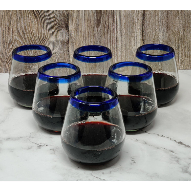 Hand Blown Mexican Stemless Wine Glasses - Glasses With Cobalt Blue Rims  (15 Oz)