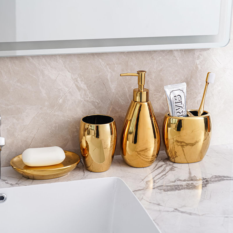 Ensemble d'accessoires de salle de bain en céramique 4 pièces, ensemble d'accessoires de salle de bain comprenant distributeur de savon, porte-brosse à dents, gobelet, porte-savon (doré)