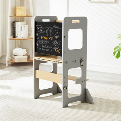 3 In 1 Kids Montessori Learning Tower With Chalkboard, Convertible Table And Chair, Wooden Toddler Step Stool Helper For Kitchen And Creative Play