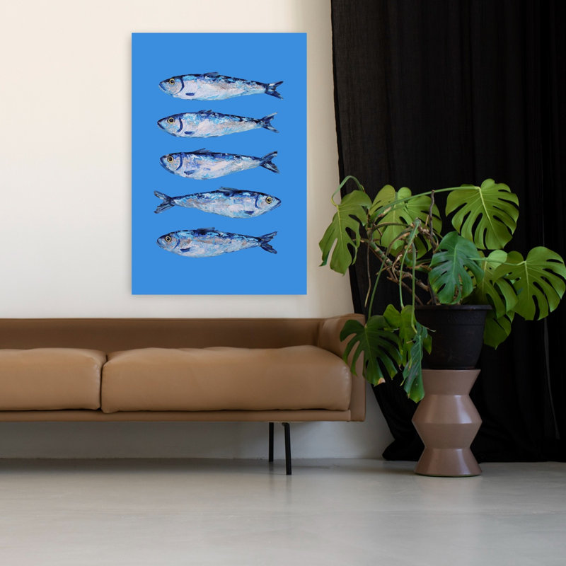 Cinq sardines bleues, art mural océan côtier, H 48 po x l 32 po
