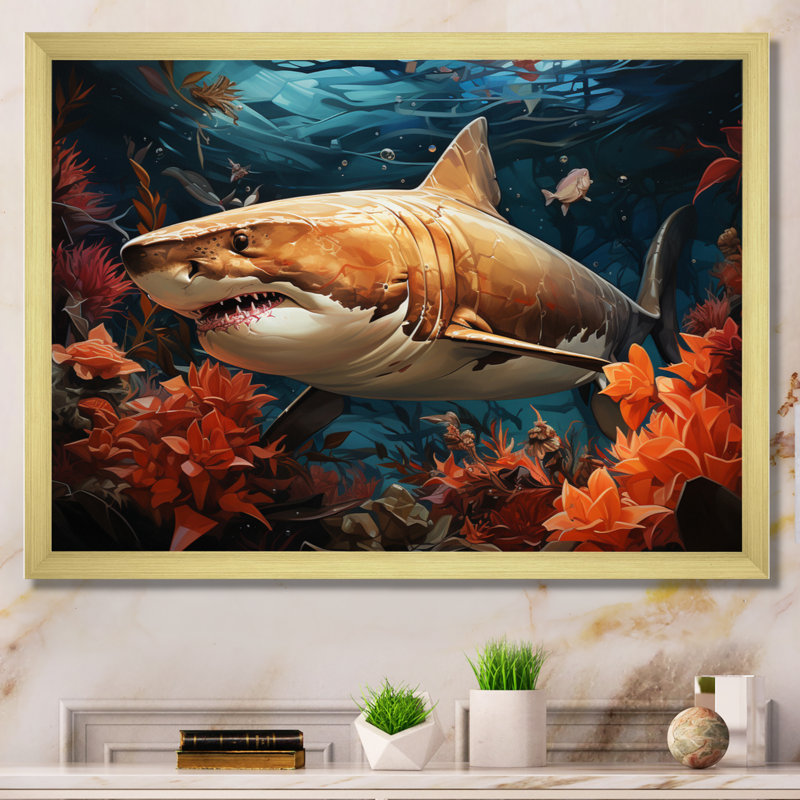 " Grey Orange Shark Underwater Symphony ", Gold Picture Framed, 30" H x 40" W