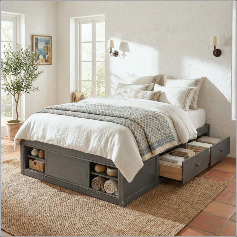 Platform Bed Frame With 4 Storage Drawers And Footboard Storage Cubby, No Headboard, Modern Space-Saving, Gray
