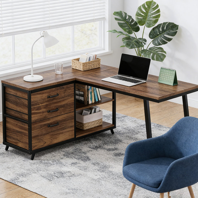 Bureau de travail spacieux, bureau d'ordinateur, bureau en L, Brun rustique / noir