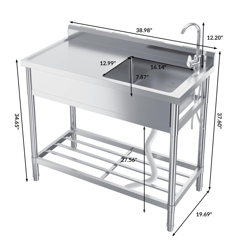 Évier utilitaire en acier inoxydable, évier de cuisine à cuve simple autoportant, robinet d'eau chaude et froide escamotable, panier de drain intégré, égouttoir à vaisselle