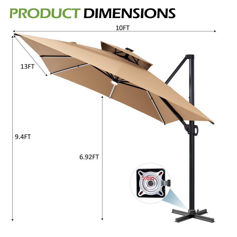 Parasol d'extérieur rectangulaire en porte-à-faux à DEL 153 po x 116 po sans base lestée Warthman, Tanné