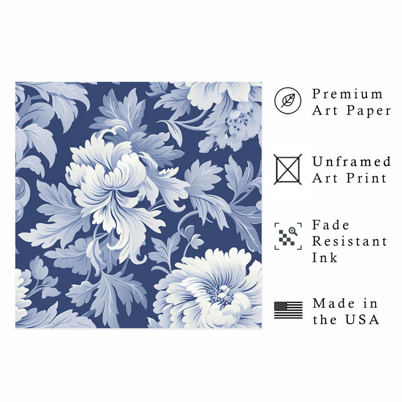 «Botanical Navy», style William Morris, motif damassé classique, reproduction d'art non encadrée, H 14 po x l 14 po