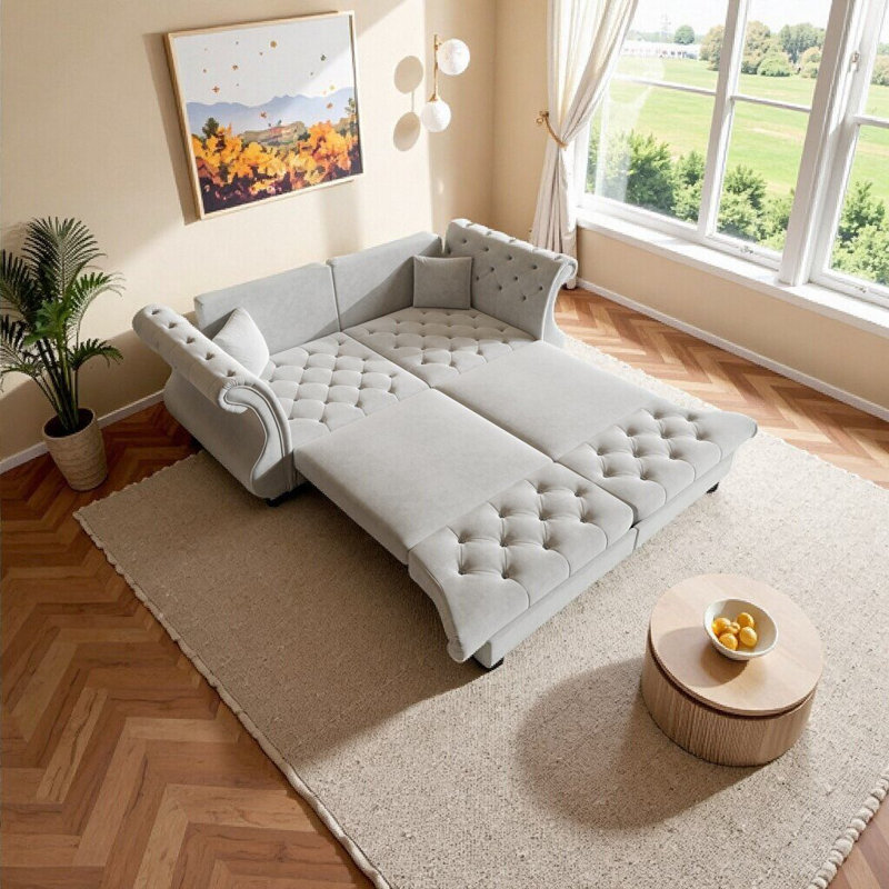 Canapé-lit surdimensionné de 83,8 po Chesterfield, Gris clair