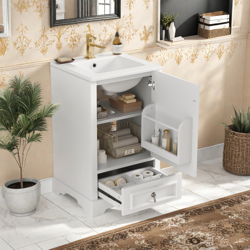 Meuble-lavabo de 20 po avec lavabo en céramique, porte à fermeture en douceur, tablette ajustable en forme de U, Blanc