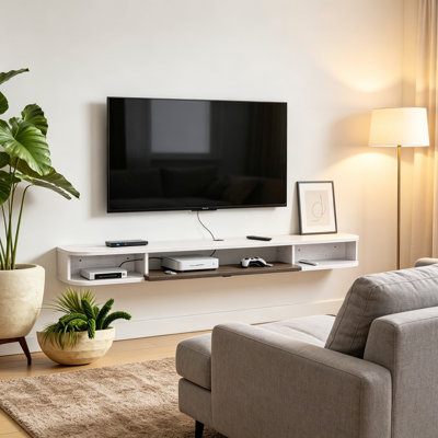 Floating TV Console 78 Inch Wall-Mounted Media Center Cabinet with Door and Storage, Entertainment Shelf for Living Room, Bedroom, Grayish White