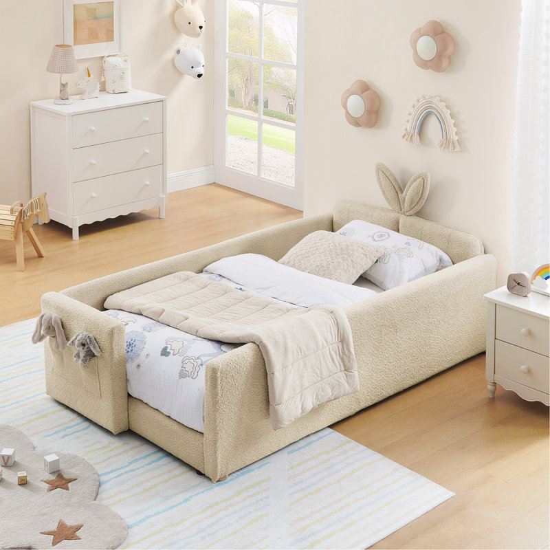 Twin Size Upholstered Platform Bed with Cute Rabbit Ear Shaped Headboard, with Safety Rail and Pocket, Boucle Fabric, Camel