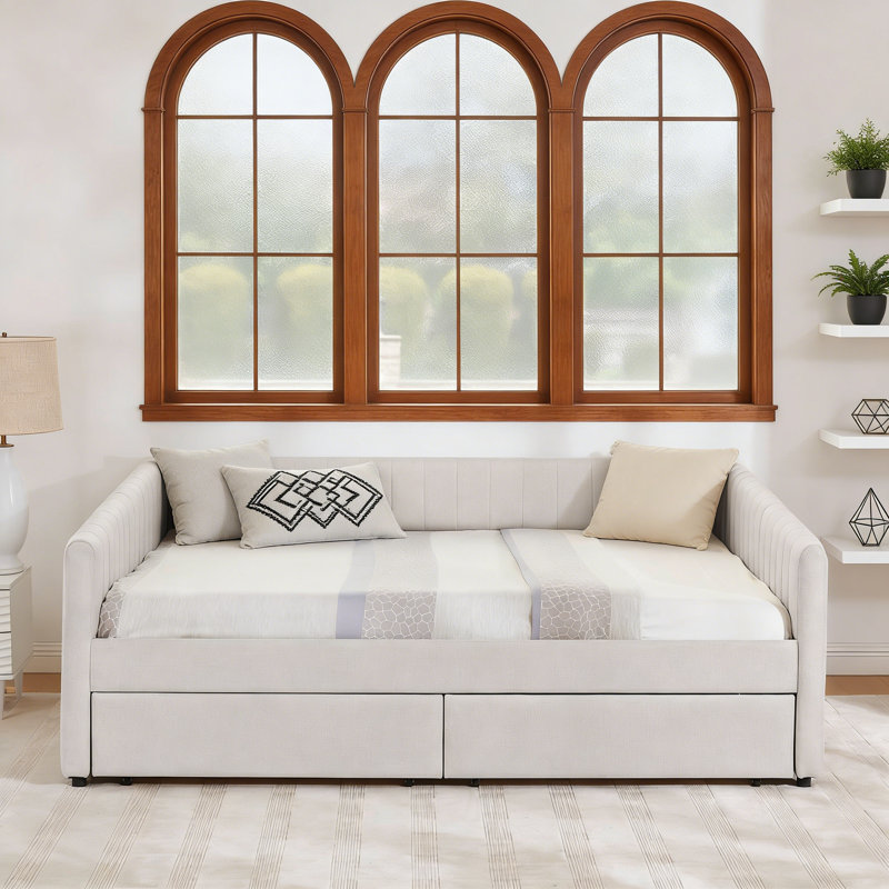 Lit de jour grand avec deux tiroirs, Beige