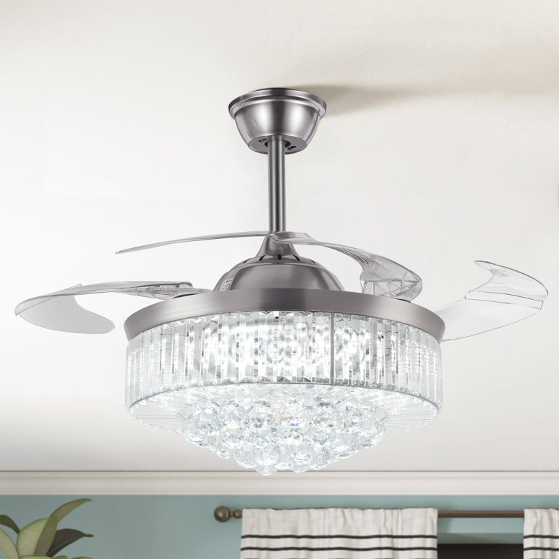 Chandelier Crystal Ceiling Fan With Light Retractable Blades Remote - 42"