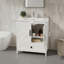 Meuble-lavabo de ferme blanc cassé de 30 pouces avec lavabo encastré en céramique et robinet, porte de grange et unité de rangement séparée.
