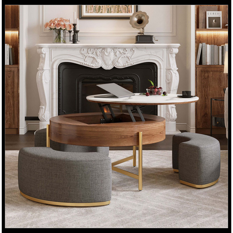 Modern Lift-Top Round Coffee Table With Hidden Storage, Walnut Veneer & Sintered Stone Top,3 Upholstered Nesting Ottomans, Space-Saving Design, Fully Assembly