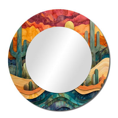 Cactus Desert on a Top of Wooden Slide II – Rustic Large Round Metal Wall Mirror, Printed on Metal