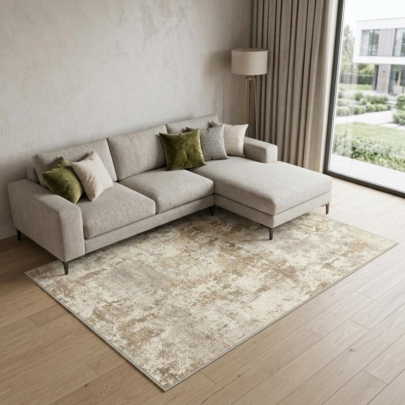 Tapis lavable abstrait brun doré et ivoire 9 pi x 12 pi