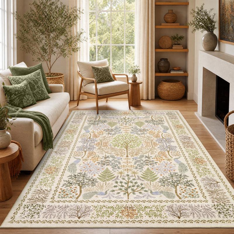 Tapis lavable Peacock Botanical, Beige, Rectangulaire 8 pi x 10 pi