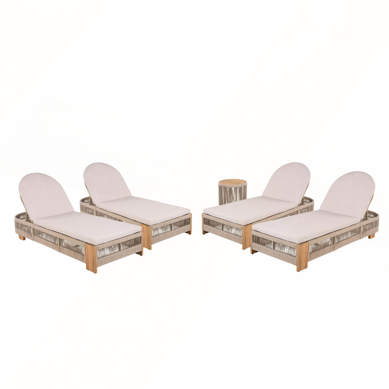 Ensemble de 5 chaises longues d'extérieur en corde, Teak