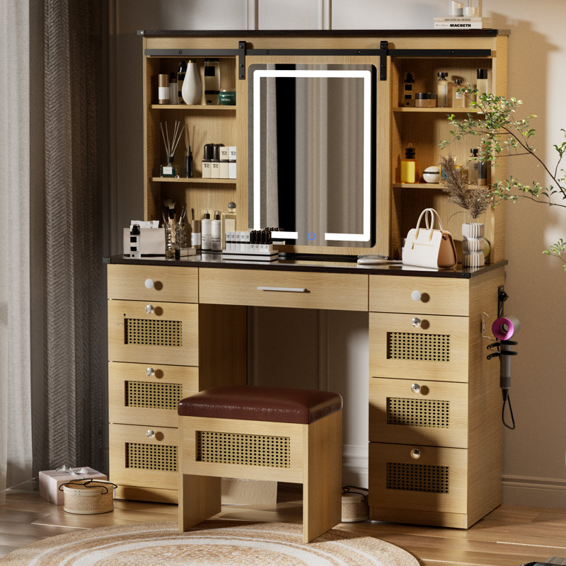 Farmhouse Vanity Desk Makeup Vanity Table Set, Brown