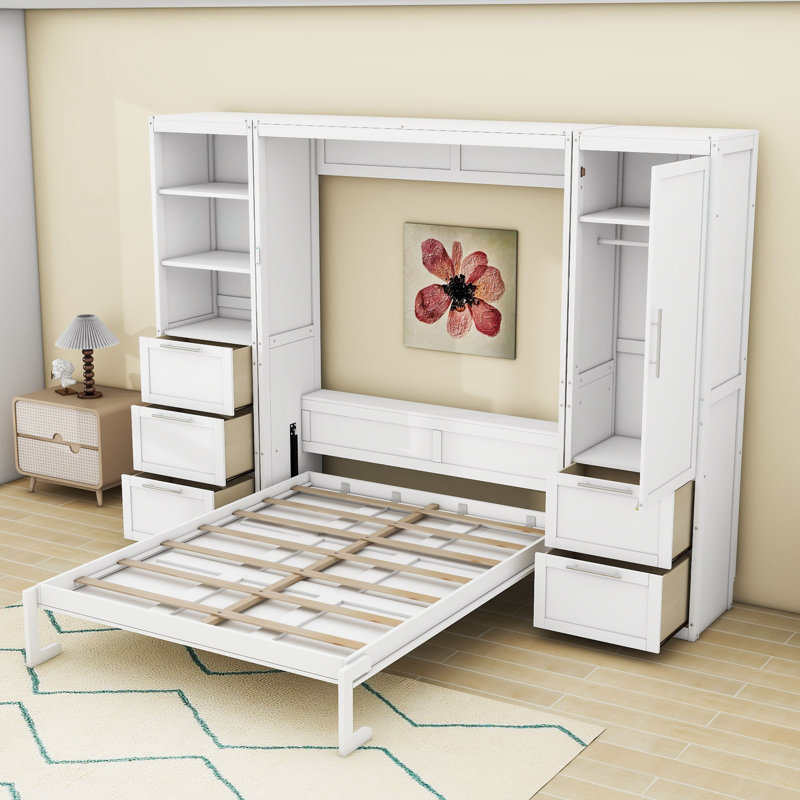 Murphy Bed with Closet, Drawers and Shelves, White