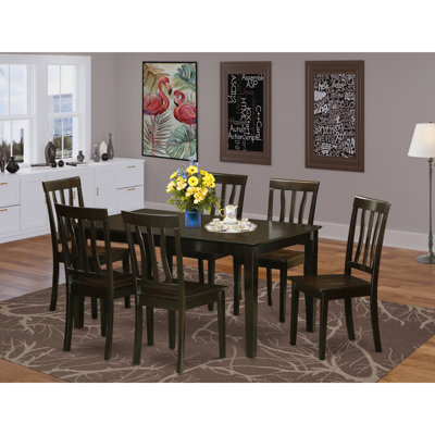 7-Piece Rectangle Cappuccino Finish Solid Wood Top Dining Table with 6 Chairs with Lattice Back