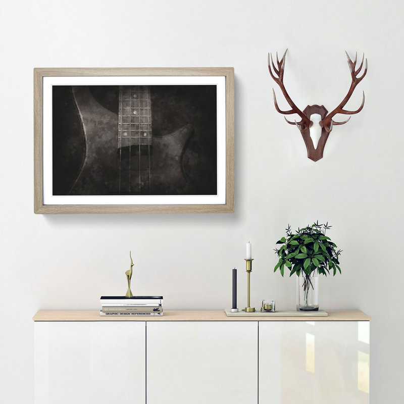 Top of a Black Bass Guitar - Picture Frame Painting Print, 24cm H x 33cm W x 2cm D, Oak Framed