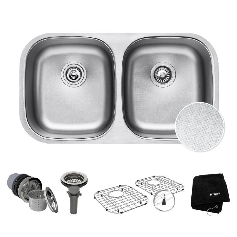 Évier double encastré en acier inoxydable 50/50 KRAUS Outlast MicroShield ™ résistant aux égratignures, calibre 16 de 32 po