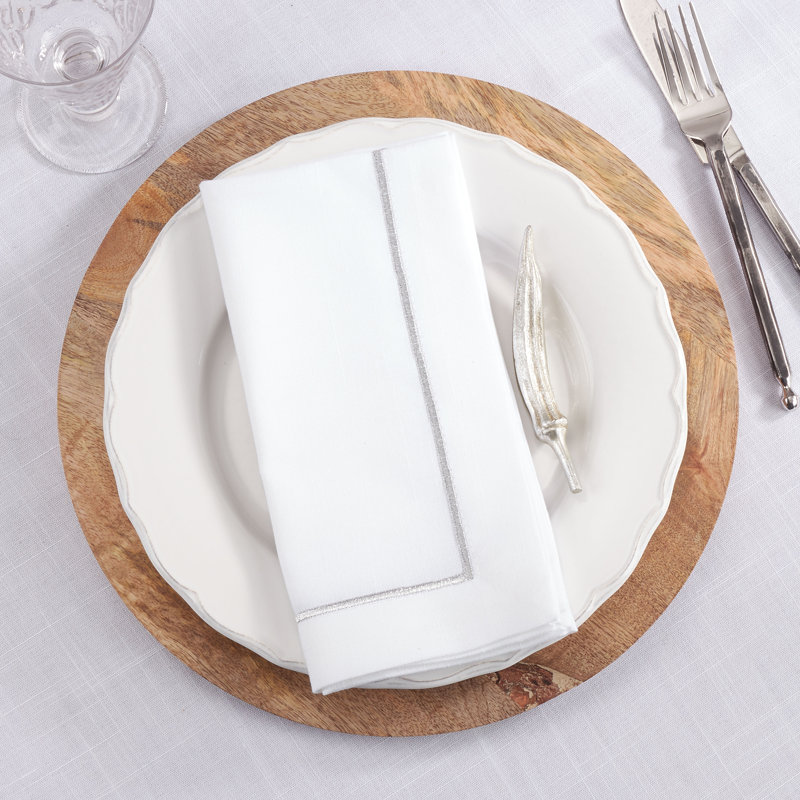 White and Silver Embroidered Polyester Dinner Napkin Set