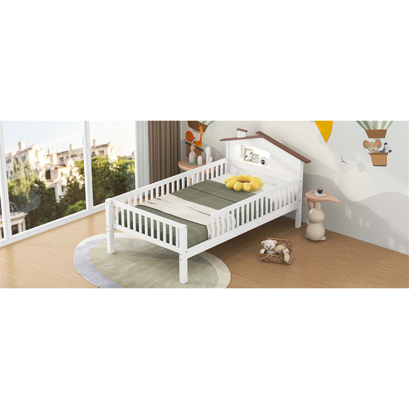 Lit plateforme en bois avec tête de lit en forme de maison, éclairage à DEL et rangement intégré, idéal pour une chambre à coucher confortable et fonctionnelle