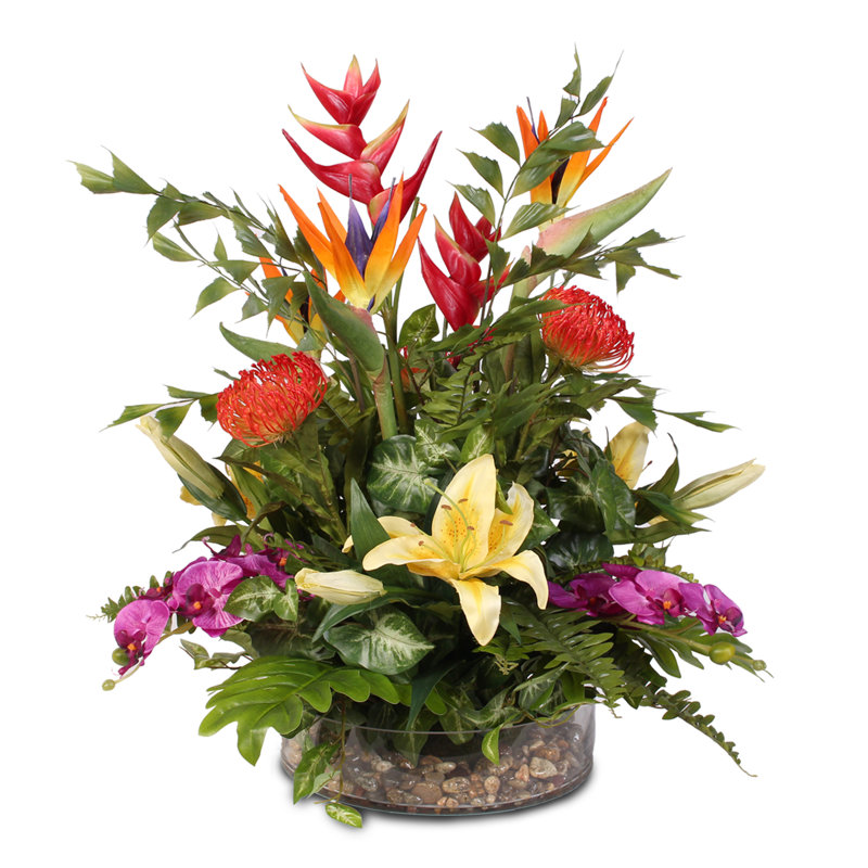 Exotic Tropical Silk Mixed Floral Arrangement in Glass Bowl