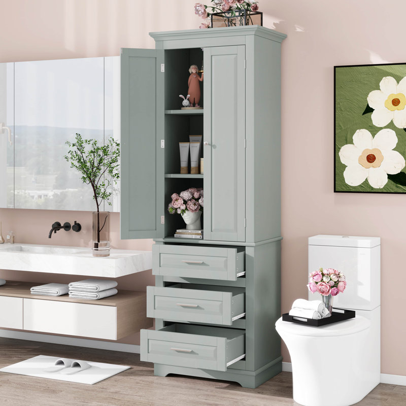 Tall Storage Cabinet With 3 Drawers, 3-Tier Adjustable Shelves & 2 Doors, Floor Freestanding Linen Cabinet For Bathroom/Office