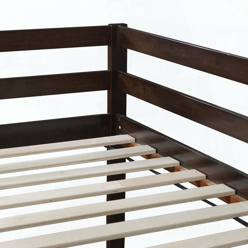 Twin Over Twin Rubber Wood Floor Bunk Bed with Ladder (Upper Slats Only), Espresso