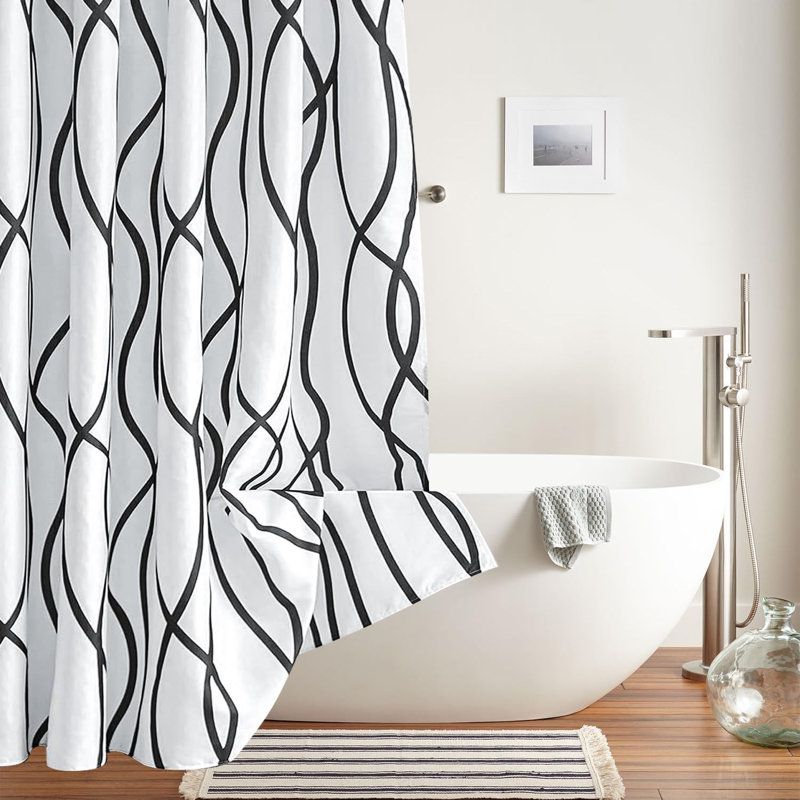 Modern Abstract Striped Waterproof Polyester Shower Curtain With Hooks For Bathroom, 72"H x 72"W, Black