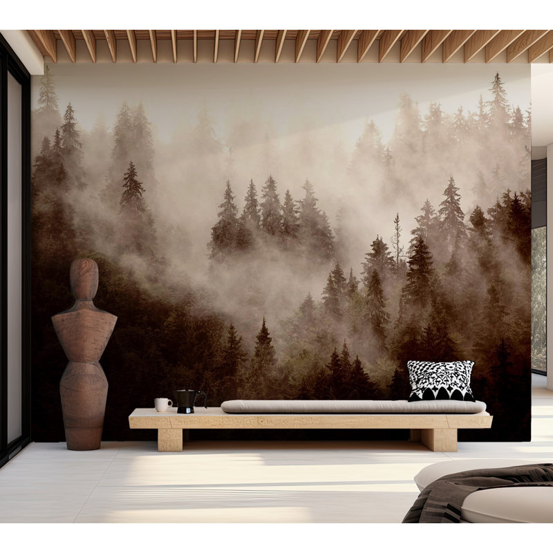 Murale paysage Amirh Peel & Stick - Misty Mountains, L 115 po x L 82 po, Brun / Blanc