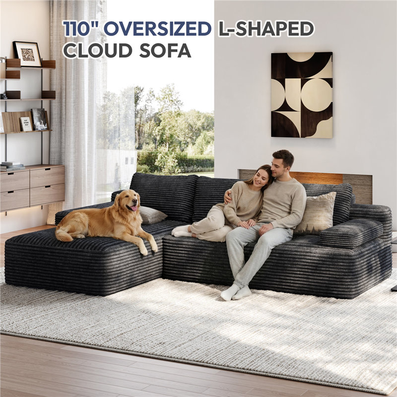 Boneless 3-Seat L-Shaped Modular Sectional Sofa with 2 Armrests & 3 Detachable Pillows, No Assembly Required, Dark Gray