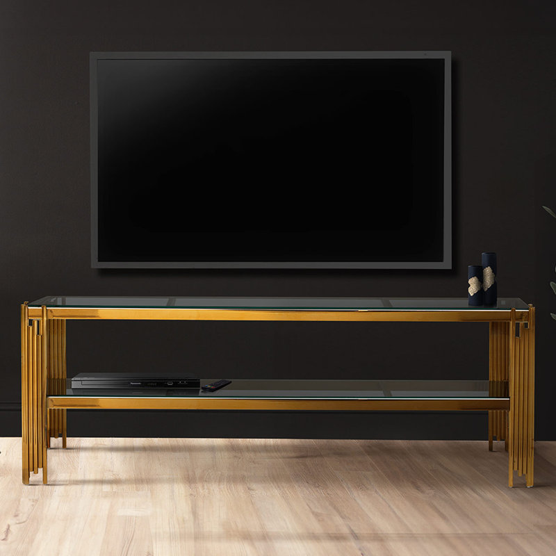 Bailyn 180cm Wide TV Stand Unit for Living Room Furniture, Metal Entertainment Unit with Storage Shelf, Gold