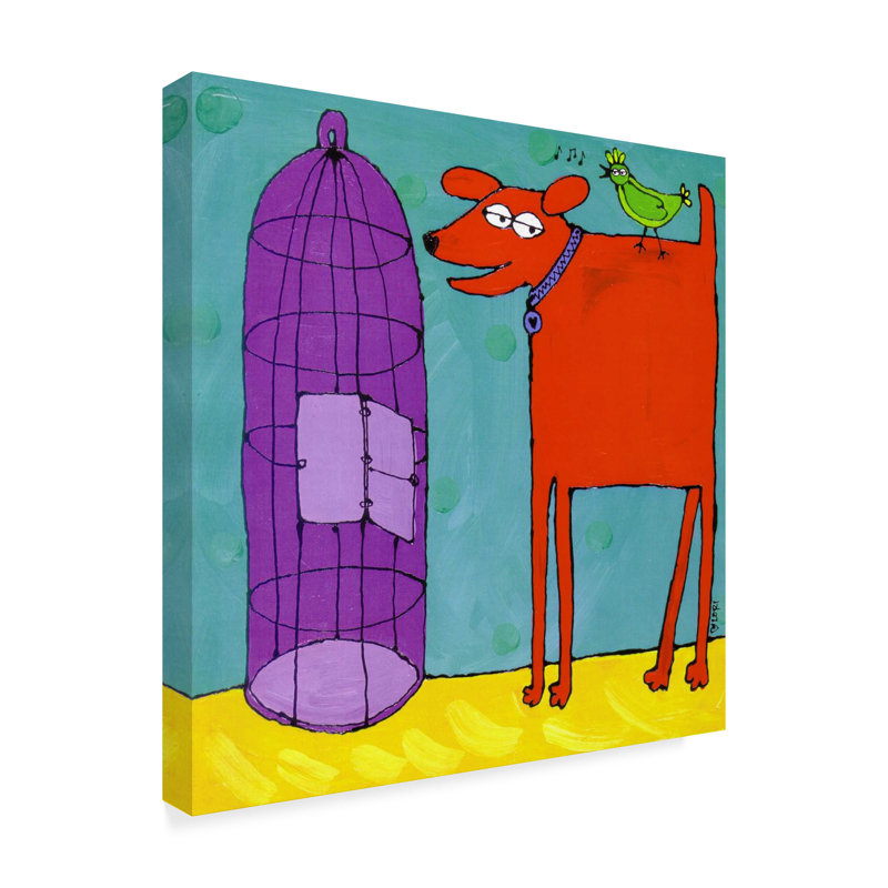 'Red Dog And Bird' Cherry Pie Studios  Acrylic Painting Print on Wrapped Canvas, 14" H x 14" W x 2" D