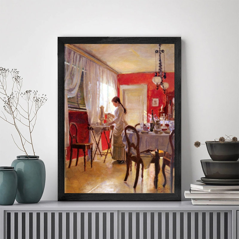 Art moderne encadré noir moderne, femme assise à la table, peinture murale avec cadre en bois noir durable pour la décoration intérieure
