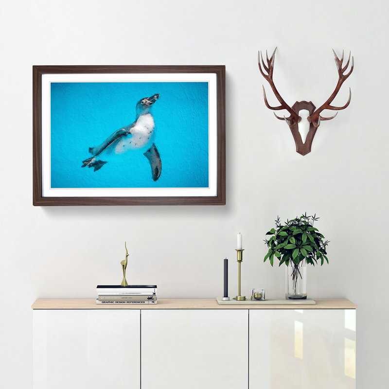 Swimming Penguin - Picture Frame Painting Print, 36cm H x 48cm W x 2cm D, Walnut Framed