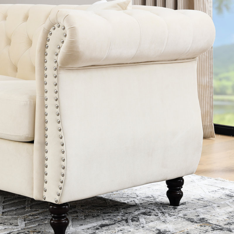 3 + 2 en velours beige chaud avec construction