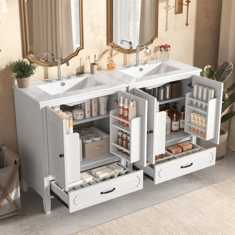 Ensemble de meuble-lavabo avec lavabo double / 2 armoires avec organisateurs de porte / 3 tiroirs / meuble-lavabo, Blanc