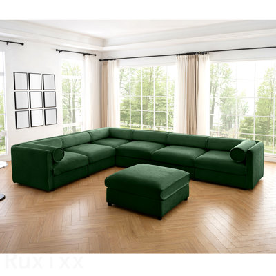 Grand canapé modulaire modulaire en chenille avec rangement pour 6 personnes dans des salles familiales spacieuses Canapé modulaire en chenille pour le salon, dossier cylindrique et accoudoirs 6 places, vert