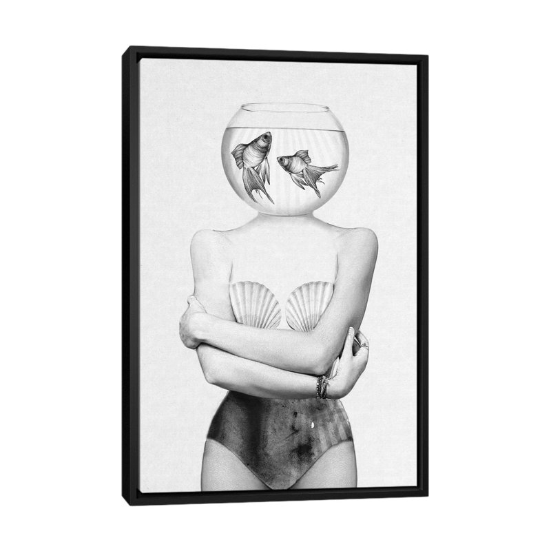 « poissons », impression sur toile tendue, H 26 po x l 18 po x P 1,5 po, Toile avec cadre noir, Pas de tapis