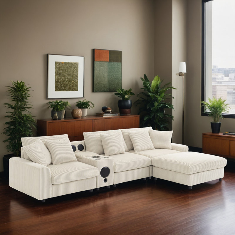 Canapé modulaire 114 po réversible en forme de L avec haut-parleurs Bluetooth et chargeur USB pour le salon
