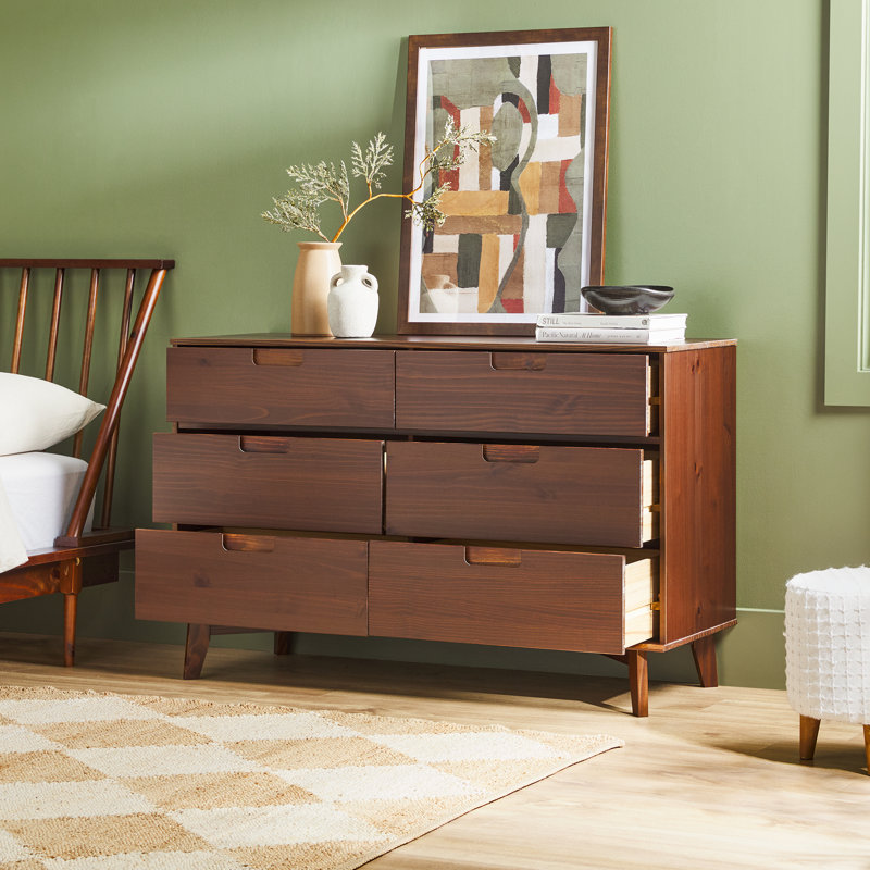 Yarber 6 Drawer Solid Wood Double Dresser, Walnut