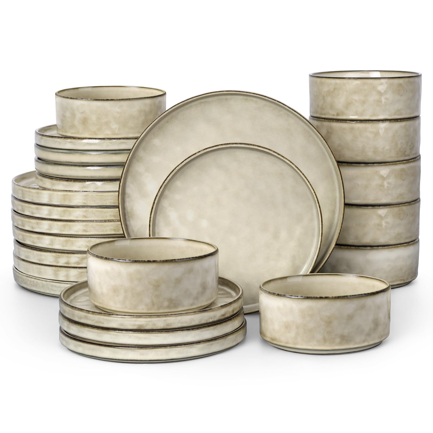 Ensembles de vaisselle en grès pour 4 assiettes et bols ronds
